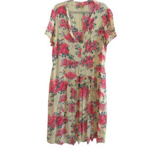 APRIL CORNELL Butter Yellow Pink Floral Cottagecore Crepe Midi Dress - Size L